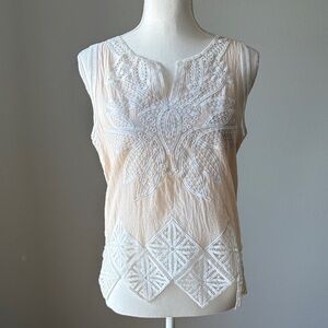 Esley | Anthropologie Cream Sleeveless Embroidered White Lace Top